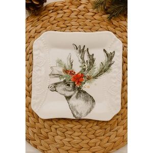Furry Christmas Reindeer Stag Deer Caribou Poinsettia Ceramic Salad Plate 7.5in